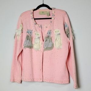Vintage Pink Cat Sequin Cardigan Festival Rave Sweater